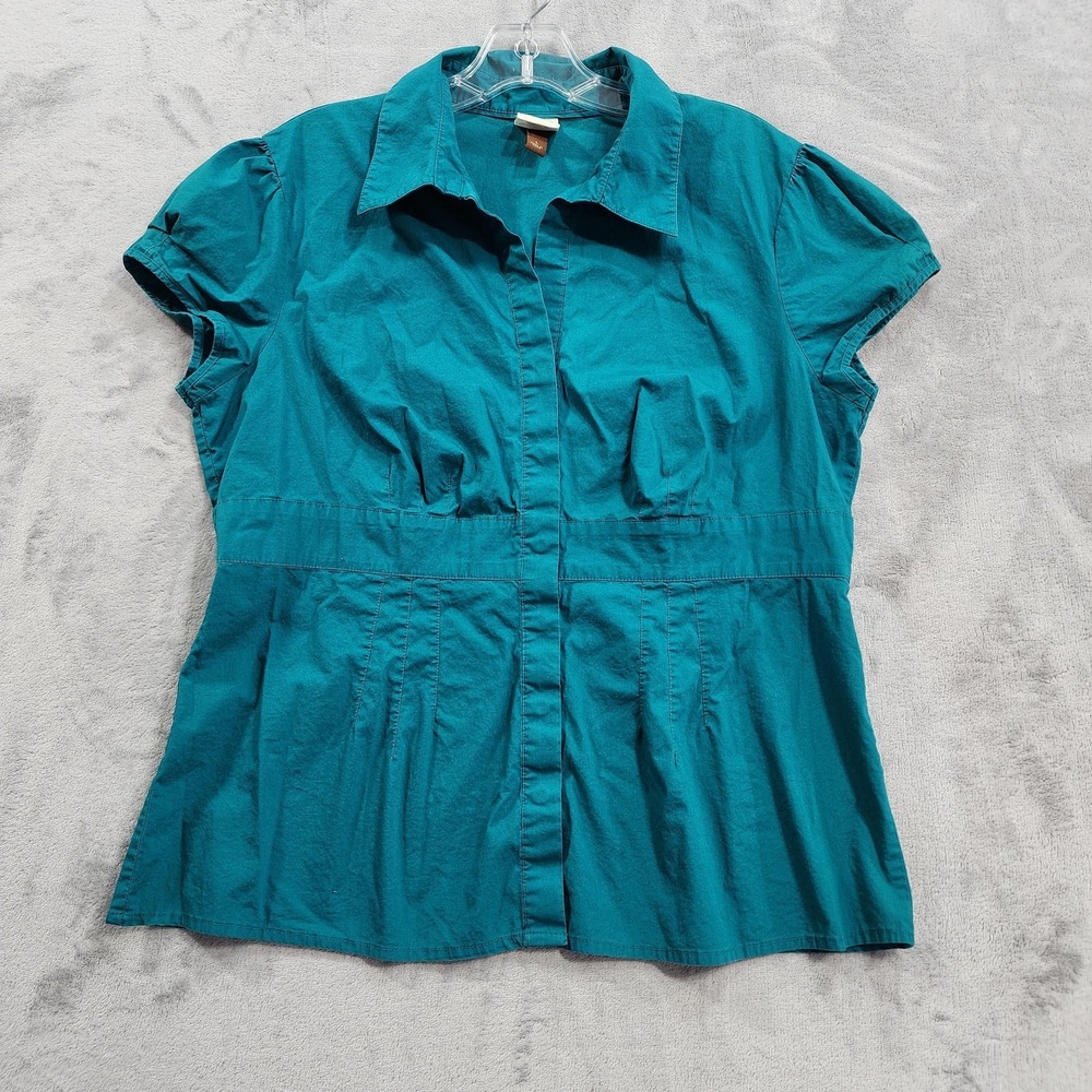 Sonoma Life + Style Shirt Womens L Teal Green Button Front Short Sleeve Collared